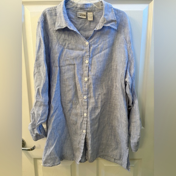 Chico's Tops - Chicos 100% Linen Long Sleeve Button Down Pin Strip Women’s Blouse Size 2 Large